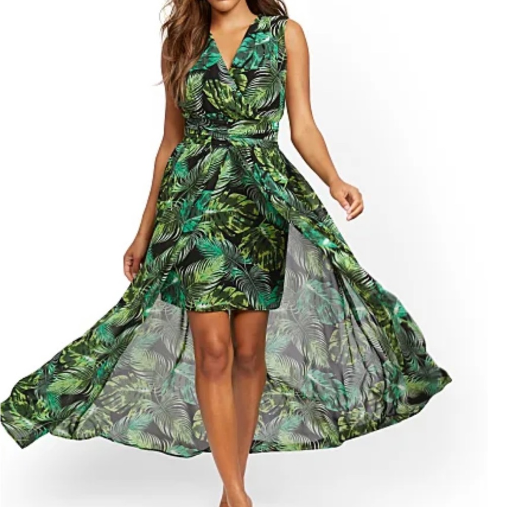 PALM-PRINT V-NECK OVERLAY DRESS NY&company